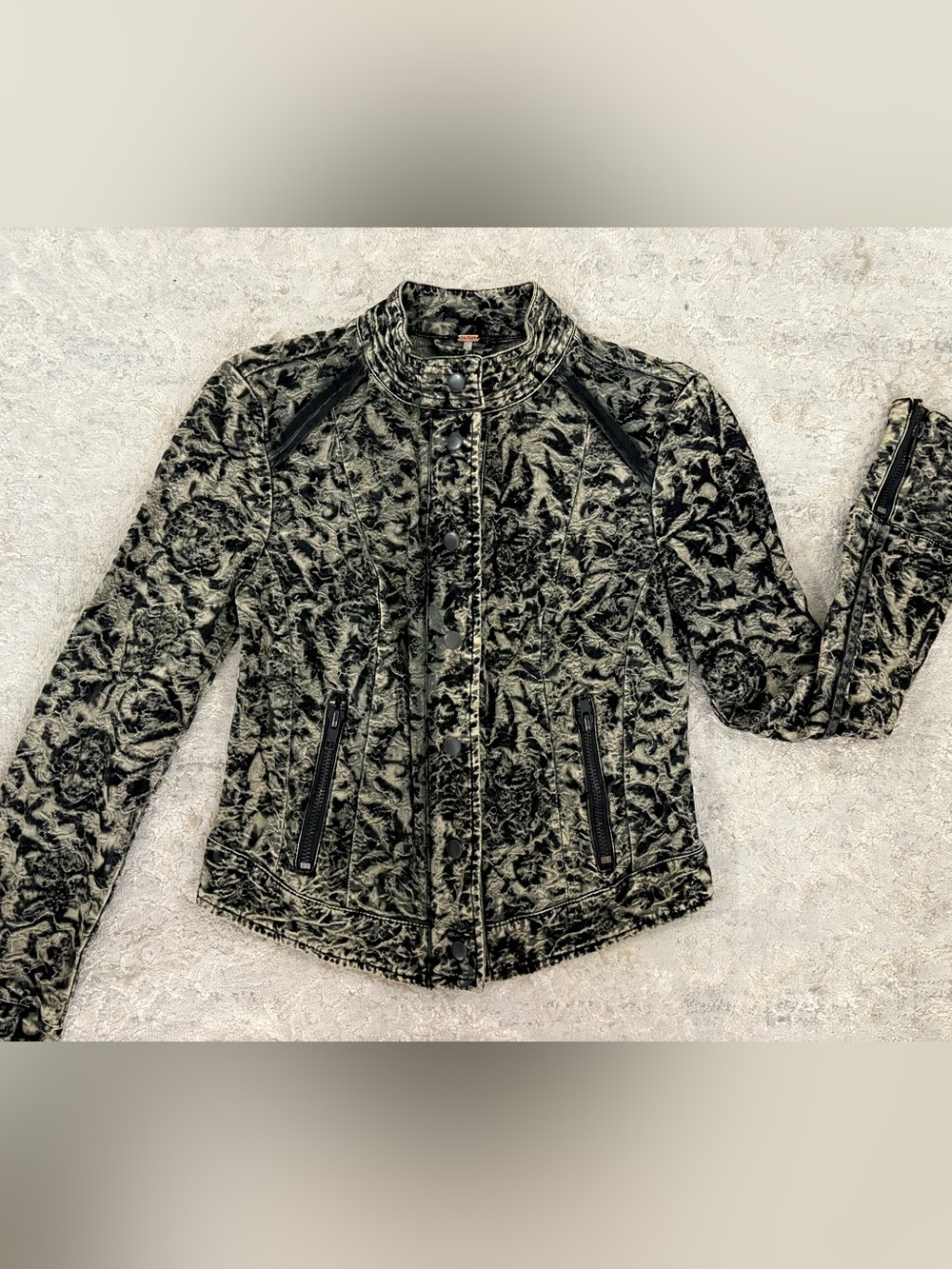 Free People Velvet Floral Moto Jacket in Olive Green and Black